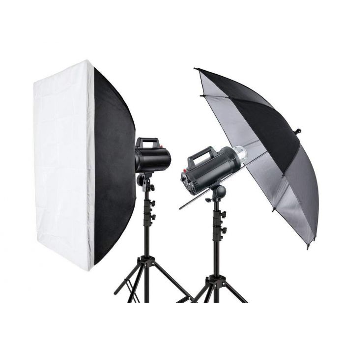 Quadralite Move 300 - Kit 2 Flash da Studio 300W + 2 stativi + 1 ombrello + 1 softbox + 1 pannello 7" + 1 cavo sync