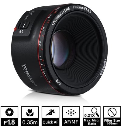 Obiettivo Yongnuo 50mm f/1.8 Mark II Nero per fotocamere Canon YN50II